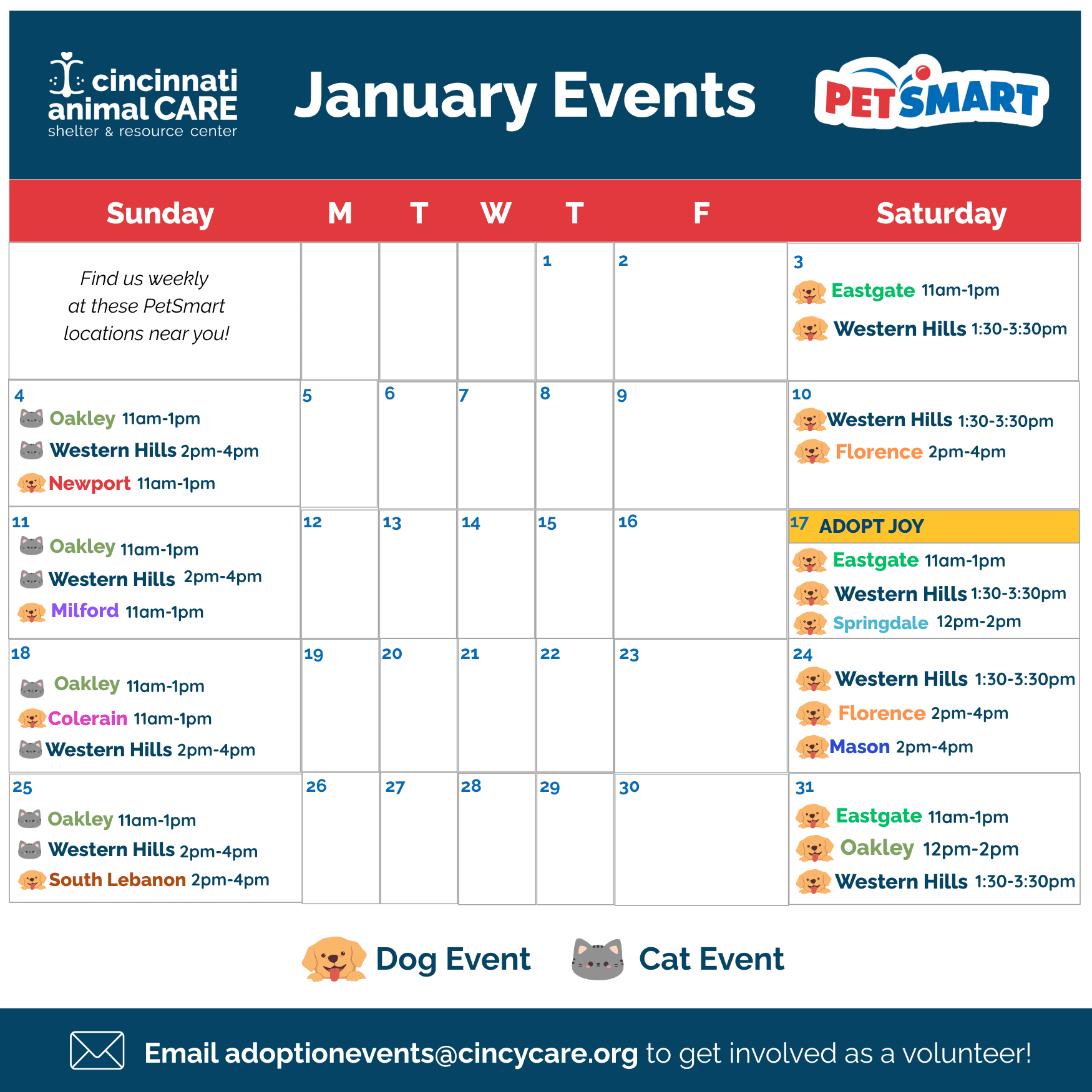 January PetSmart cincinnati animal care at weekly petsmart adoption event for january 2026