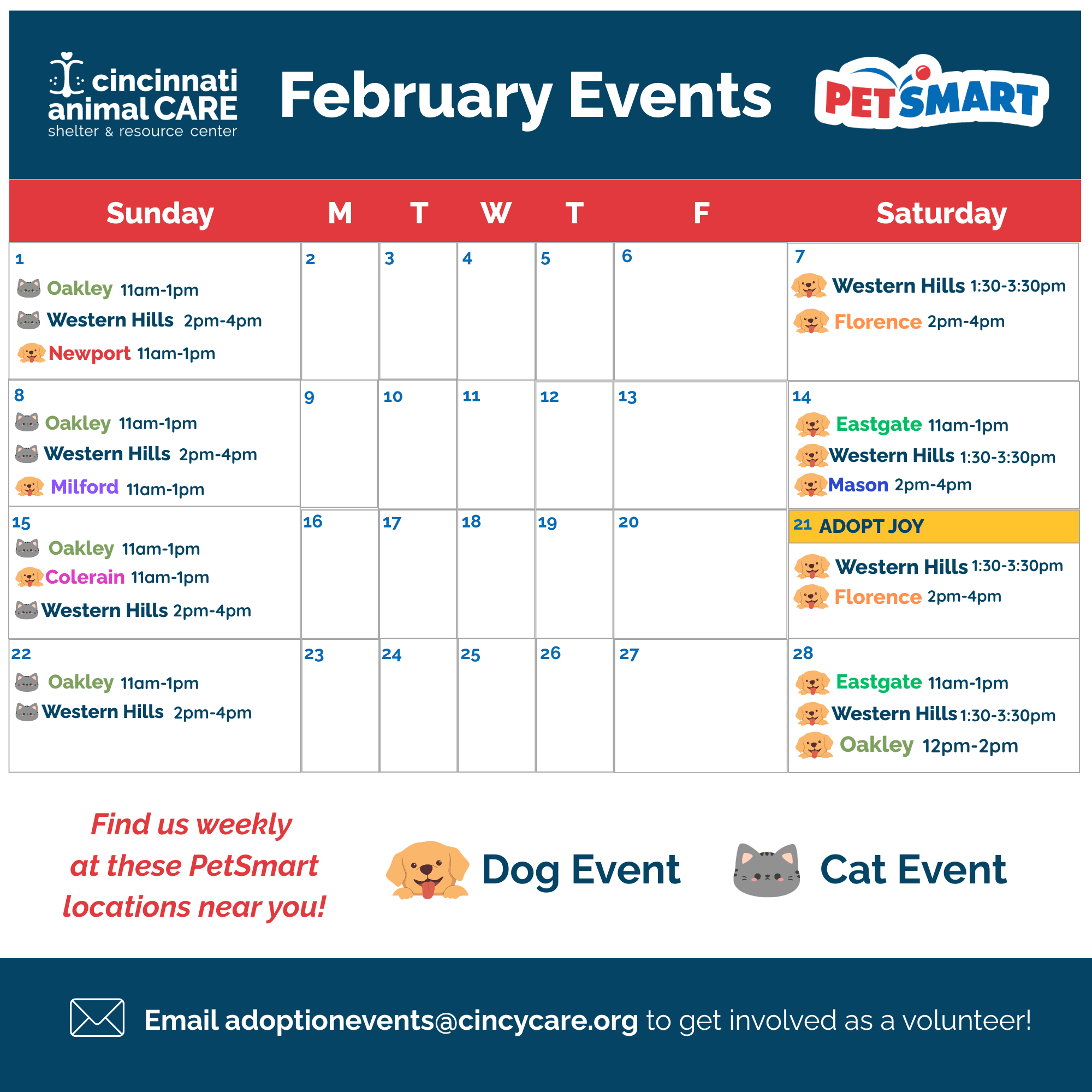 February PetSmart cincinnati animal care at weekly petsmart adoption event for january 2026