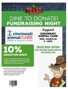 dine to donate texas roadhouse milford event graphic support cincinnati aniaml care