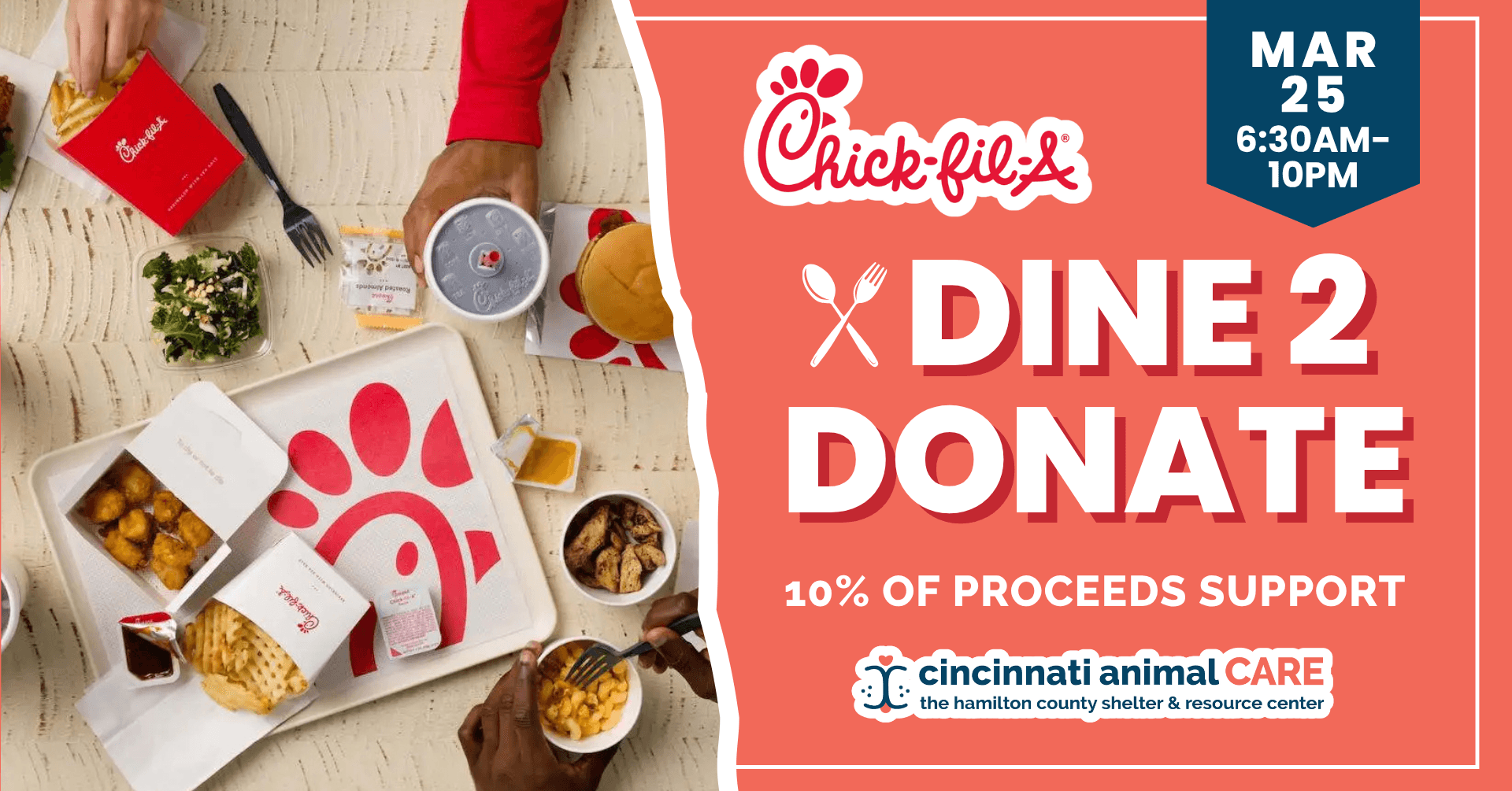event graphic for a dine to donate event with chick-fil-a and cincinnati animal care