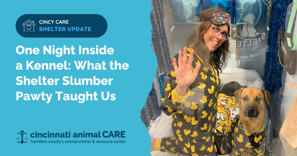 woman in yellwo duck pajamas inside shelter dog kennel next to dog wearing matching pajamas