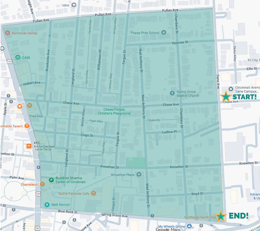 pre-event pittie tour map showing outside of northside area