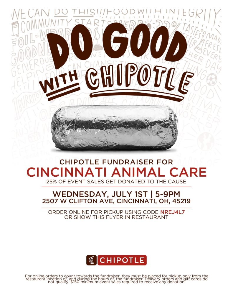 Chipotle Dine to Donate flyer supporting cincinnati animal care