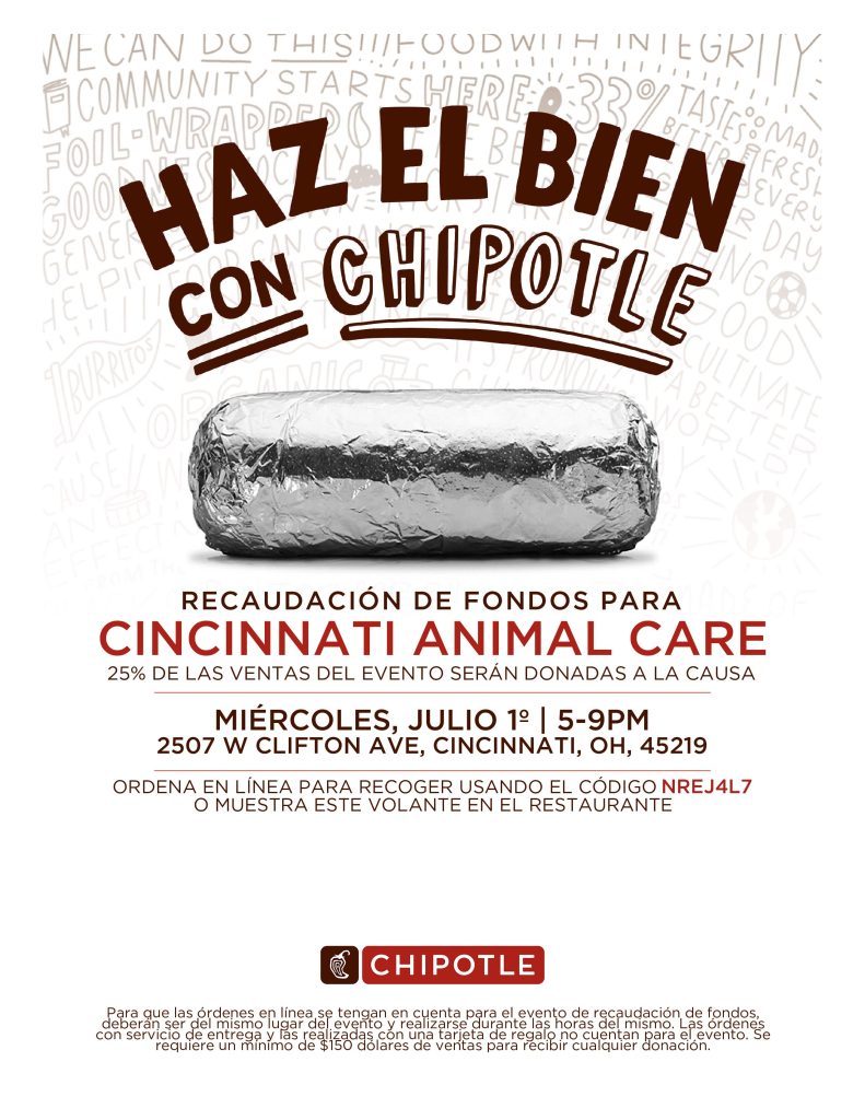 Chipotle Dine to Donate flyer supporting cincinnati animal care in spanish