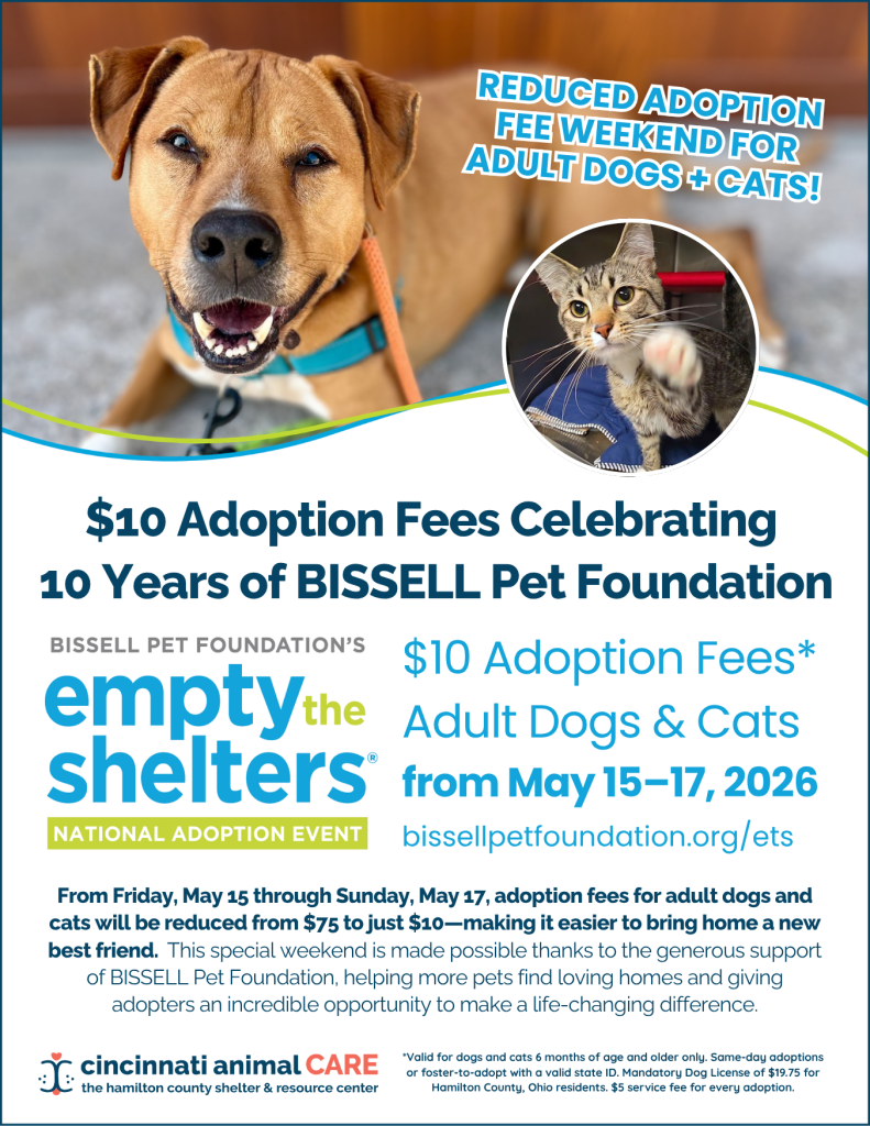 shelter dog and cat on event graphic for BISSEL pet foundation empty the shelter reduced fee promotion