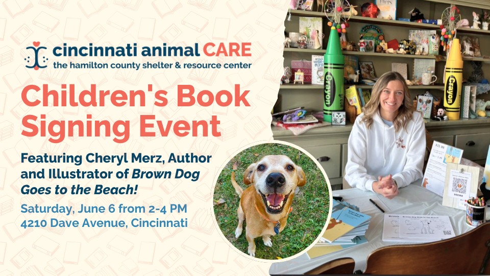 event graphic for childrens book signing event featuring author chryl merz with rescue dog dude