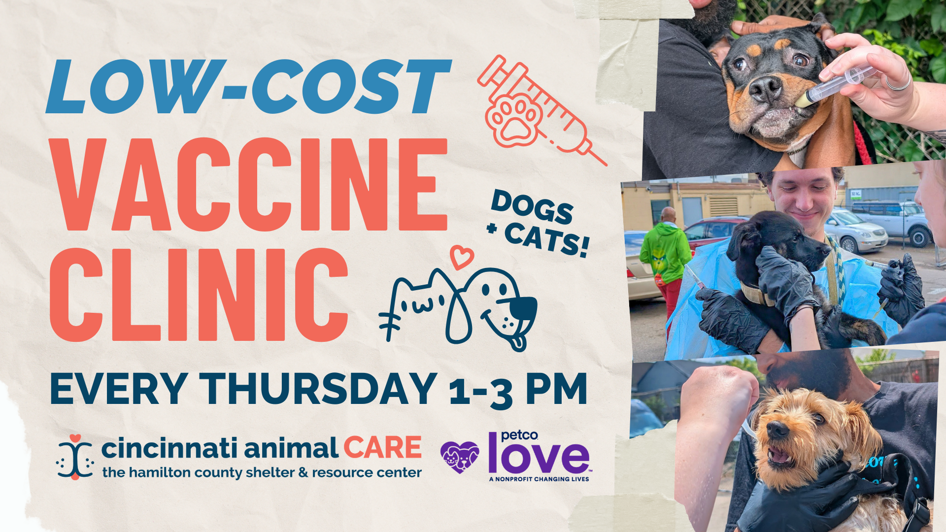 Low Cost Vaccine Clinic Event Graphic showing dogs being vaccinated