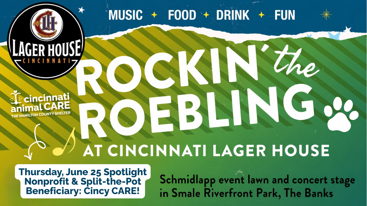 Rockin the Roebling Facebook Event graphic showing cincinnati animal care at nonprofit spotlight on june 25 2026